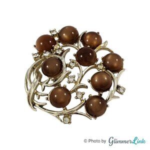 Vintage Coro Brown Lucite Moonstone Cabochons Rhinestones Gold Tone Brooch